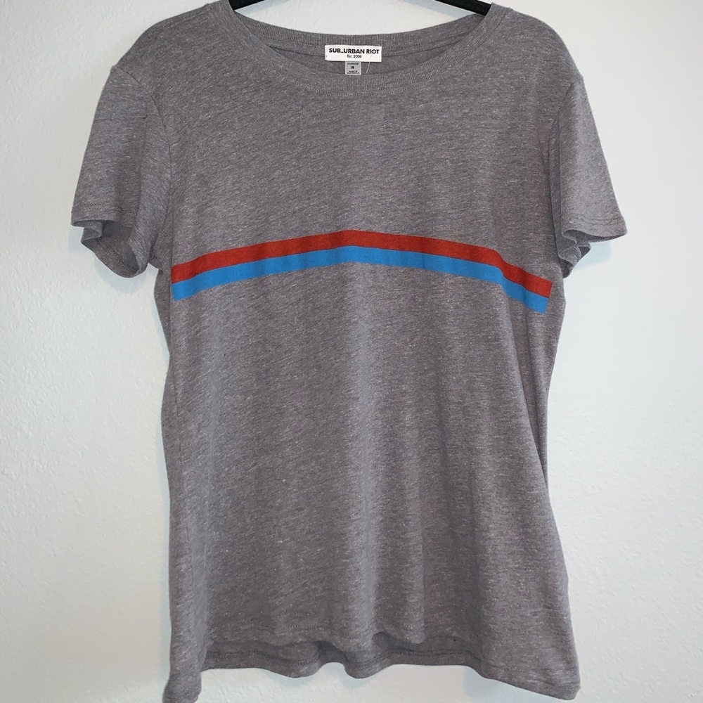 Suburban Riot Grey Tee with Red & Blue Stripe
